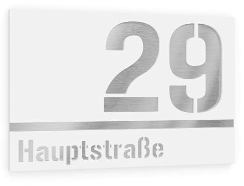 Graviers Design Plaque Numéro de Maison et Nom | Chiffres et lettres personnalisables | 215 x 150 mm Blanc | Acier inoxydable | Fabriqué en Allemagne