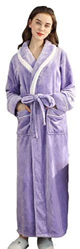 Vestaglia invernale calda da donna soffice in pile vestaglia lunga cappotto a scialle collare a righe, Viola, XL