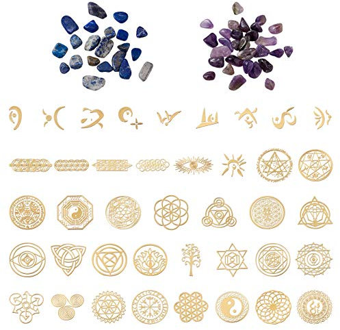 PandaHall 40 selbstklebende goldene Messingaufkleber, Sterne, Yin Yang, Blume des Lebens, heilige Geometrie-Aufkleber mit Edelstein-Chip-Perlen für Bastelarbeiten, Scrapbooks, Kunstharz