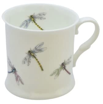 ROCK THE HOME Dragonfly Small Tankard Mug – White Fine English Bone China Cup, Made and Hand Decorated in England, Dishwasher and Microwave Safe, for Coffee Tea Latte Americano, 8 fl oz (236 ml)
