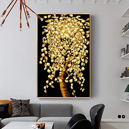 KADING Große Poster und Drucke, Wandkunst, Leinwand, Gemälde, abstrakte goldene Blätter und goldener Geldbaum, Bilder für Wohnzimmerdekoration, 40 x 75 cm (16 x 30 Zoll) Innenrahmen
