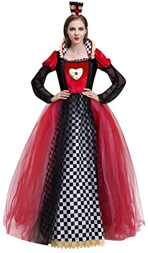 IDOPIP Damen Herz-Königin Kostüm Rot Königin Kleid Cosplay Kostüm mit Mini Krone Fasching Königin der Herzen Kostüm für Halloween Cosplay Party