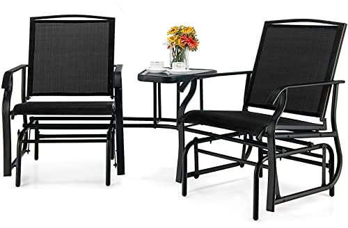 RELAX4LIFE 2 Seater Glider Rocking Chairs, Double Swing Seats Set with Practical Center Table, Metal Gliding Love Seat for Poolside Balcony Backyard (Black)