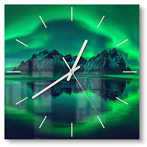 DEQORI Glasuhr | 30x30 cm | Motiv Vestrahorn im Polarlicht | ausgefallene leise Design Uhr aus Glas | Wanduhr für Wohnzimmer & Küche | moderne Hingucker Uhr für die Wand