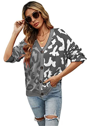 HEYPORK Damen Herbst Winter Warm Bequem Jacke Casual Mode übergangsjacke Mantel Frauen Pullover Leopardenmuster Patchwork Strickjacke Knopfleiste Strickpullover(Grau, L)