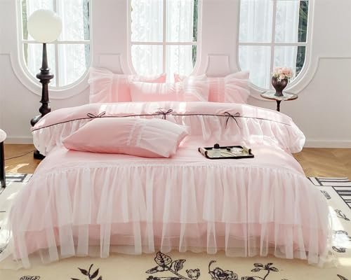 SOUKECHY Spitzen-Bettwäsche-Set, gerüscht, schicke Bettwäsche, rosa Prinzessinnen-Bettwäsche, 100 % Polyester, leichtes Bettbezug-Set mit Reißverschluss für Mädchen