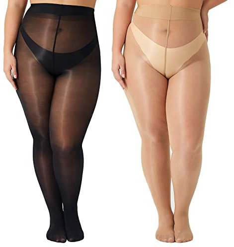 Yilanmy Damen Glänzende Strumpfhose Große Größen Sexy Öl Glanz Strumpfhosen 15 Denier Feinstrumpfhose Ultradünne-Schwarz*1+Hautfarbe*1,3XL/4XL