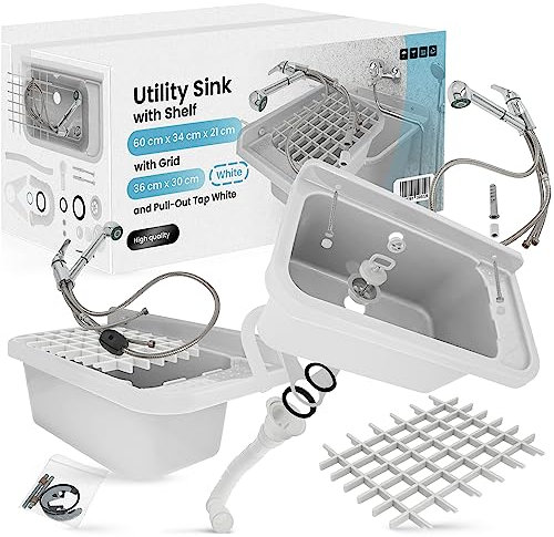 Lavabo de Cámara | Fregadero Industrial 60x34x21 cm Blanco con Estante Parrilla 36x30 cm Batidora Rociador Extraíble Profunda Lavadero Exterior Lavamanos Jardín Garaje Lavandería Baños