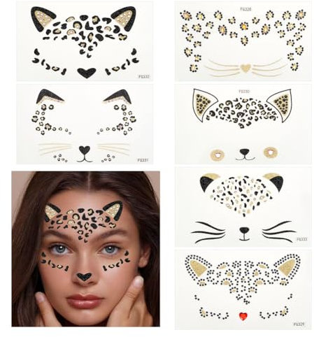 OLYCRAFT 6 Feuilles Bijoux de visage de chat en cristal 8x13cm Autocollants en acrylique avec strass Tatouage Temporaire Léopard Autocollants face de léopard pour Art Party Decor Halloween Costume