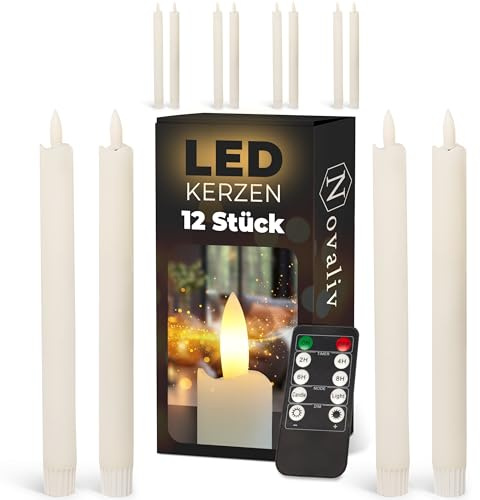 Stabkerzen LED mit Timer WEISS 12 Stück indoor - 6 Stunden - ECHTWACHS 23cm Höhe für Kerzen 2,2cm Durchmesser 2 AAA Batterien notwendig LED Stabkerzen 4er Set WEISS (drei Mal) bewegliche Flamme Licht