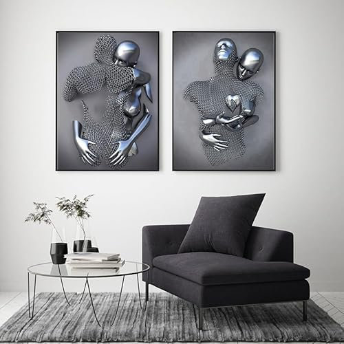 3D Metall Kunst Dekoration Malerei, Modernes Silber Und Gold Skulptur Effekt Dekoration Plakat, Romantische Umarmung Liebe Gedruckte Leinwand Malerei, Rahmenlos (C 2,40x60cm*2)