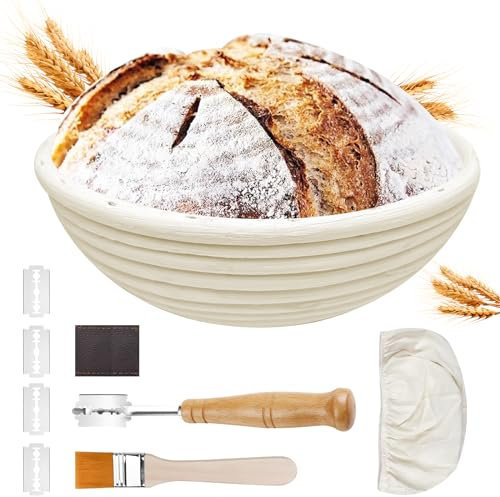 Traxenta Gärkörbchen für Brot, Gärkorb Rund 22 cm, Brot Backen Zubehör, Banneton Gärkörbe Set, Bread Proofing Basket, Brotgärkörbchen, Brotbackkorb Inklusive Leinenbezug, Bäckermesser, und Pinsel