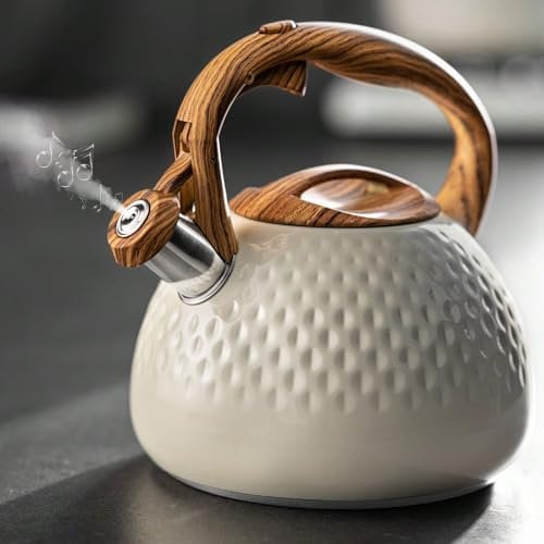 Stove Top Kettle, 2.7 Quart Whistling Kettle for Gas Hob with Wood Pattern Handle Loud Whistle Food Grade Stainless Steel Kettle Cream, Anti-Hot Handle and Anti-Rust, Suitable for All Heat Sources
