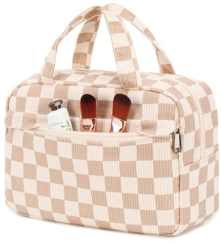 Trousse de maquillage, trousse de maquillage de voyage, trousse à bijoux, sac cosmétique, sac cosmétique, organisateur pour femmes et filles, Grille marron et blanche