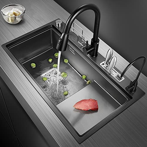 LYMGRZ Kitchen Sink High And Low Step Sink Kitchen Sink With 5-hole Knife Holder Desk Control Switch Drain Stainless Steel Sink Single Bowl (Color : Black, Size : 75 * 45 * 24cm)