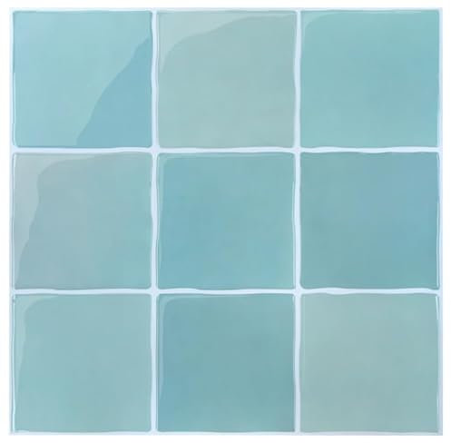 Commomy 10 Stück Upgrade Dickere 3D Fliesenaufkleber Klebefliesen Küche Bad Blau, Quadratisch Vinyl Küchenrückwand Wandfliesen Metro Selbstklebend Fliesen(30.5 x 30.5 cm)