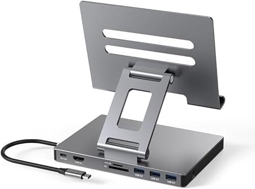 iPad Pro USB C Hub Stand, Adapter for iPad Pro M4 M2 M1 13 12.9 11 inch iPad Air Docking Station Foldable 4K 60Hz HDMI, PD Charging, SD/TF Card Reader, 3 USB 3.0, 3.5mm Audio, iPad Dock Accessories