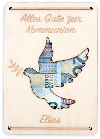 Kommunion Geldgeschenk Taube personalisierte Geld Verpackung Geschenk Erstkommunion Kommunionsgeschenk Fisch Geschenkkarte aus Holz 12x17 cm