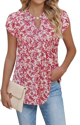 Cuptacc Camisetas Mujer Manga Corta Cuello en V Blusas Mujer Verano con Plisada Estampado Floral Top Túnica