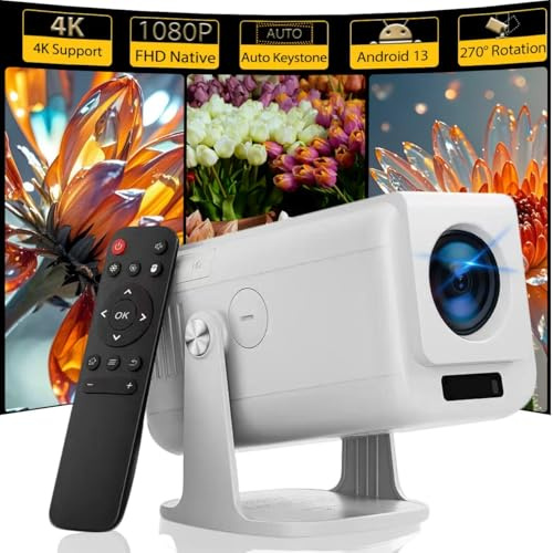 Pryznal Smart WiFi Projektor 4K 1080P Heimkino, 450 ANSI, Auto Keystone, 270° Drehung, Eingebaute Apps und Lautsprecher, Bluetooth Projektor für Telefon/TV/Laptop, Beige