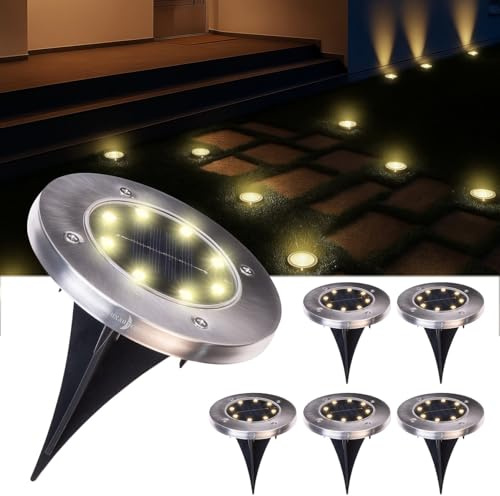 Lunartec Pflanzen Licht: 6er-Set Akku-Solar-Bodenleuchten, Edelstahlgehäuse, 8 LEDs, warmweiß (Solarbodenleuchte, Solarleuchten wasserdicht, LED Fluter)