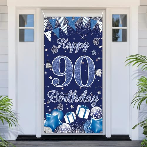 PartyYaa 90. Geburtstagsbanner Deko, 90. Geburtstag Tür Banner, Blau Silber Happy Birthday Banner Türabdeckung Fotoautomaten Schild Poster Party Deko für Drinnen und Draußen