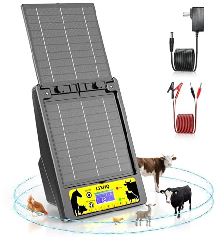 Solar Weidezaungerät für 32 KM, 0.3-2J, 6KV-12KV Einstellbar, Reichweite, Elektrozaungerät mit 10W-Solarpanel, 18000mAh Lithiumbatteri, Sicherer Schutz für Gärten, Geflügel, Vieh (Schwarz)