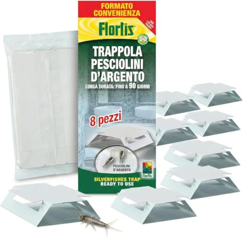 Flortis Trappola pesciolini d'Argento. Kit 8 unità di trappole per pesciolini Argento. Disinfestazione casa Anti pesciolini d'Argento. Esca Senza Veleno pronta all'Uso. Efficacia Trappola Fino 90gg.