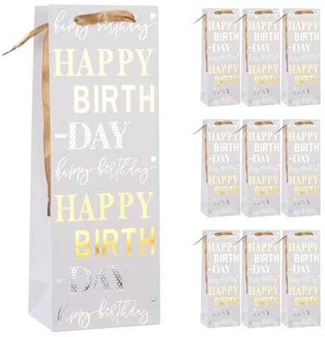 Idena 90548 - Flaschentaschen Happy Birthday, 10 Stück, Geschenktaschen in der Größe 12,5 x 35 x 9 cm, weiße Papiertüten mit Gold und Silber