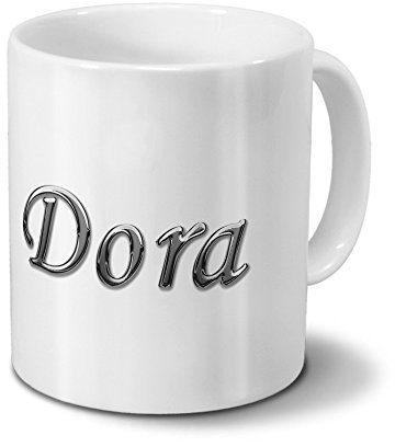 printplanet Tasse mit Namen Dora - Motiv Chrom-Schriftzug - Namenstasse, Kaffeebecher, Mug, Becher, Kaffeetasse - Farbe Weiß