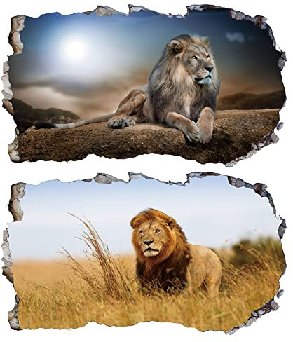2Pcs Löwe Wandtattoo 3D Effekt XXL Wanddurchbruch Fenster Wandaufkleber für Kinderzimmer Junge Mädchen Groß 1000mmx600mm v03