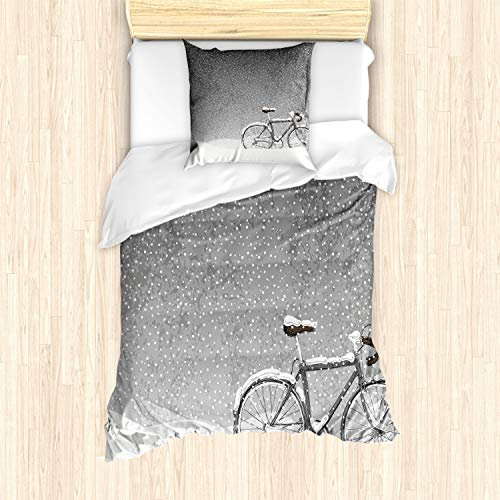 ABAKUHAUS Winter Bettbezug Set für Einzelbetten, Fahrrad Schnee Ruhe Szene, Milbensicher Allergiker geeignet mit Kissenbezug, Taupe Weiß