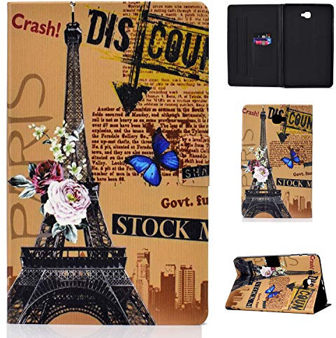 Succtop Funda Galaxy Tab A6 10.1 Cuero PU Case Stand Billetera Flip Cover Función Automático Sleep/Wake Carcasa Tablet para Samsung Galaxy Tab A 10.1 Pulgada 2016 SM-T580/SM-T585 Torre Eiffel