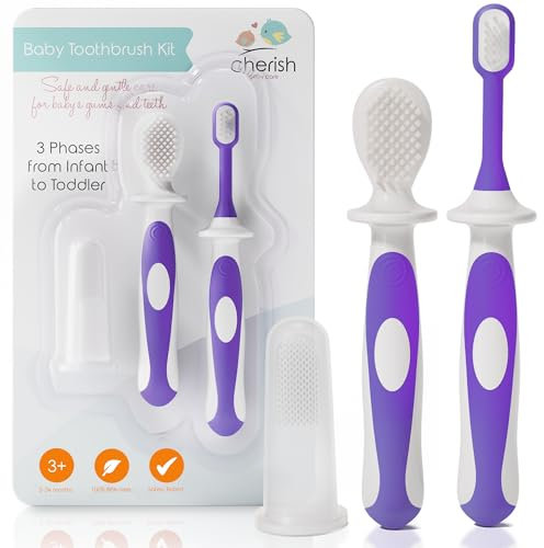 Cherish Baby Care Baby Zahnbürste, Kinderzahnbürste & Fingerling in einem Set (3-24 Monate) - Sicherheitsgeprüft & 100% BPA-frei, Aus Lebensmittelechtem Silkon (Lila)