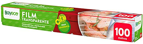 Bayeco - Carta Film Trasparente - Elevata aderenza - Astuccio con sega da taglio - Adatto al contatto con alimenti - Colore trasparente - Rotolo carta pellicola cucina da 100 metri