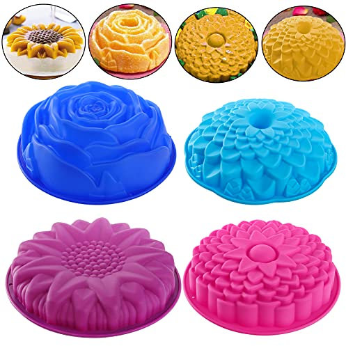 DEAYOU 4 Stück Silikon-Kuchenformen in Blumenform, 25cm, 23cm, 22cm, 20cm, antihaftbeschichtet, für Gelee, Brot, Kuchen, Backformen, runde Silikon-Backform für Brownie, Jahrestag, DIY