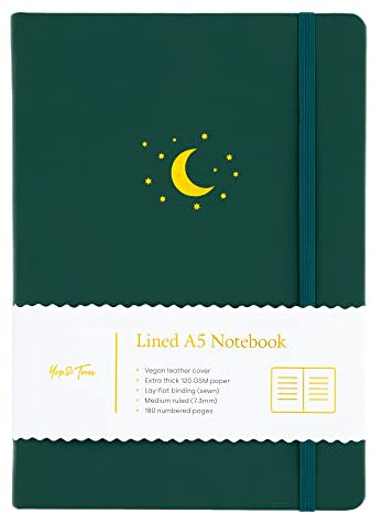 Yop & Tom Gebundenes Notizbuch, liniert, A5, Mond und Sterne, Tagebuch mit veganem Ledereinband, Waldgrün