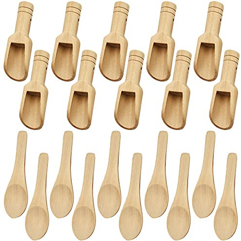 Juego de mini cucharas de madera lyfLux, pack de 20 (10 cucharas y 10 cucharas planas) para especias, sales de baño, café, dulces, manualidades - Madera de haya natural