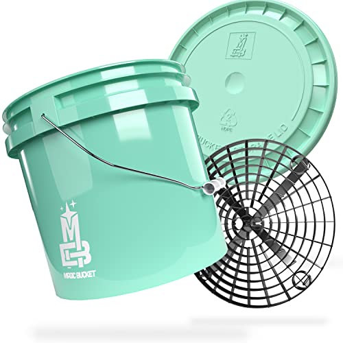MAGIC BUCKET | Auto Handwäsche Bundle | Wascheimer mit passendem Eimer Deckel 3,5 US GALLONEN ca. 13 Liter | Mit Grit Guard Eimereinsatz Schmutzsieb | Waschset Mint/Schwarz
