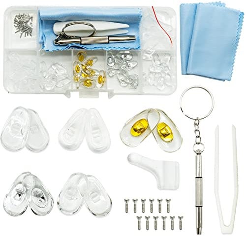 Kit de Reparación de Gafas, 25 Pares Almohadillas de Nariz para Gafas Silicona Enroscables, Almohadillas Nasales para Gafas, con Tornillos Pinzas y Paño de Limpieza