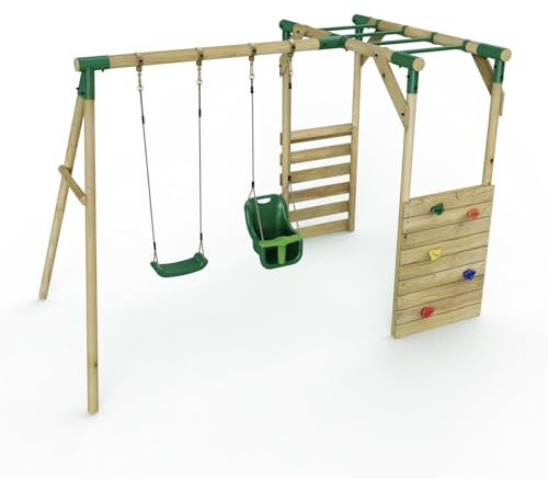 Rebo® Wooden Garden Children's Swing Set with Monkey Bar Attachment - Luna Green | OutdoorToys | Kids' Outdoor Wooden Play Equipment for Gardens, Frame and Accessories Included, Weather Resistant