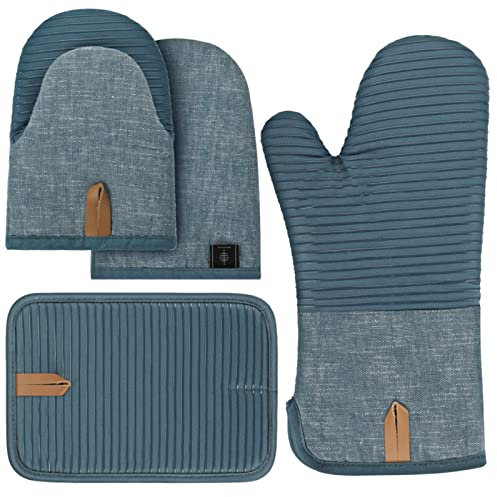 BONTHEE Ofenhandschuhe Topflappen Set Mini-Ofenhandschuhe Topfhandschuhe mit Anti-Rutsch Silikon Gestreift kochhandschuhe für Kochen Backen - 4er Set - Blau