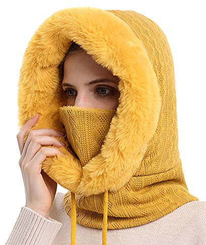 SEAUR 3 in 1 Sturmhaube Balaclava Damen Warm Schlupfmütze Fleece Gefüttert Skimütze Strickmütze Wintermütze Fahrrad Mütze Schal Gesichtsmaske - Gelb