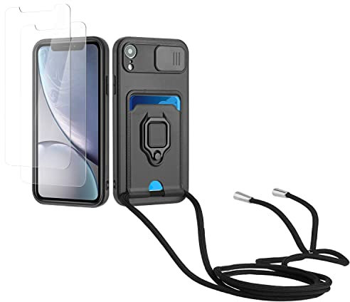Kaslly Case with Rope for iPhone XR+ [2 Pack Screen Protector], TPU Silicone Case with Card Slot, Sliding Camera Cover Protect, Double Sided Protection Cover-Black