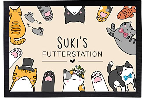 Napfunterlage Katzen personalisiert mit Namen Geschenk für Katzenbesitzer Katzenmama Katzenpapa rutschfest & waschbar schwarz (Futterstation - 40x60cm)