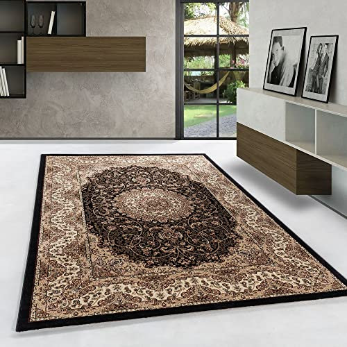 Carpetsale24 Orientteppich schwarz 200x290 cm – Kurzflor Teppich im klassischen Vintage Look für Wohnzimmer, Esszimmer, großer Raum – Pflegeleicht, strapazierfähig, eleganter Wohnstil