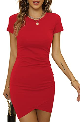 Laughido Femme Robe Moulante T-Shirt À Manches Courtes Mini Robe De Cocktail Froncé D'Été Chic
