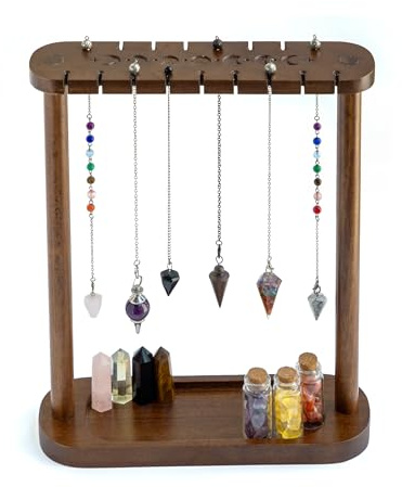 Kihomi Pendelständer mit Tablett | Kristallsteinhalter aus Holz mit bis zu 17 Pendeln und Kristallanhängern - Schöne Hexendekoration, Hexerei und Wicca-Zubehör für spirituelle Räume