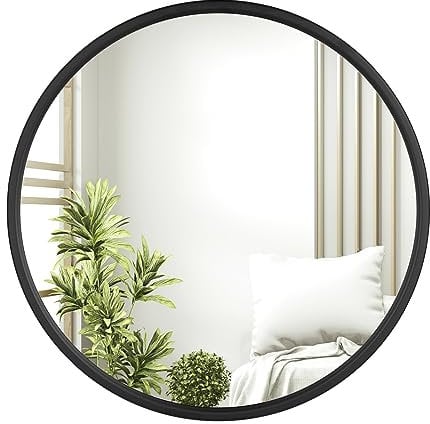 WOLTU Spiegel rund mit schwarzer Rahmen, runder Wandspiegel φ 60 cm, moderner Hängespiegel für Badezimmer Schlafzimmer Wohnzimmer Flur, dekorativer Schminkspiegel aus Glas Metall MDF