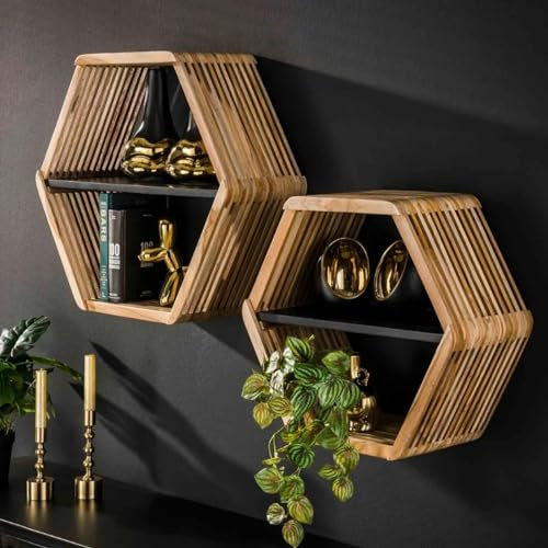 RINGO-Living Eckiges Regal Massivholz Teakholz, Hängende Kommode Hartholz Metallumrandung, Wandregal Blumentopf Ablage mit Stauraum, Küchenregal Rund, Designer Wandregal Eckig Echtholz